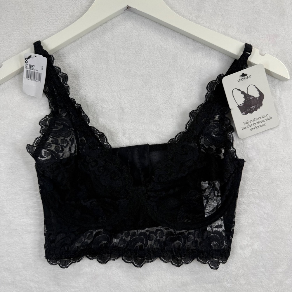 Leonisa Milan Sheer Lace Bustier Bralette Black Underwire 011967 S 32
